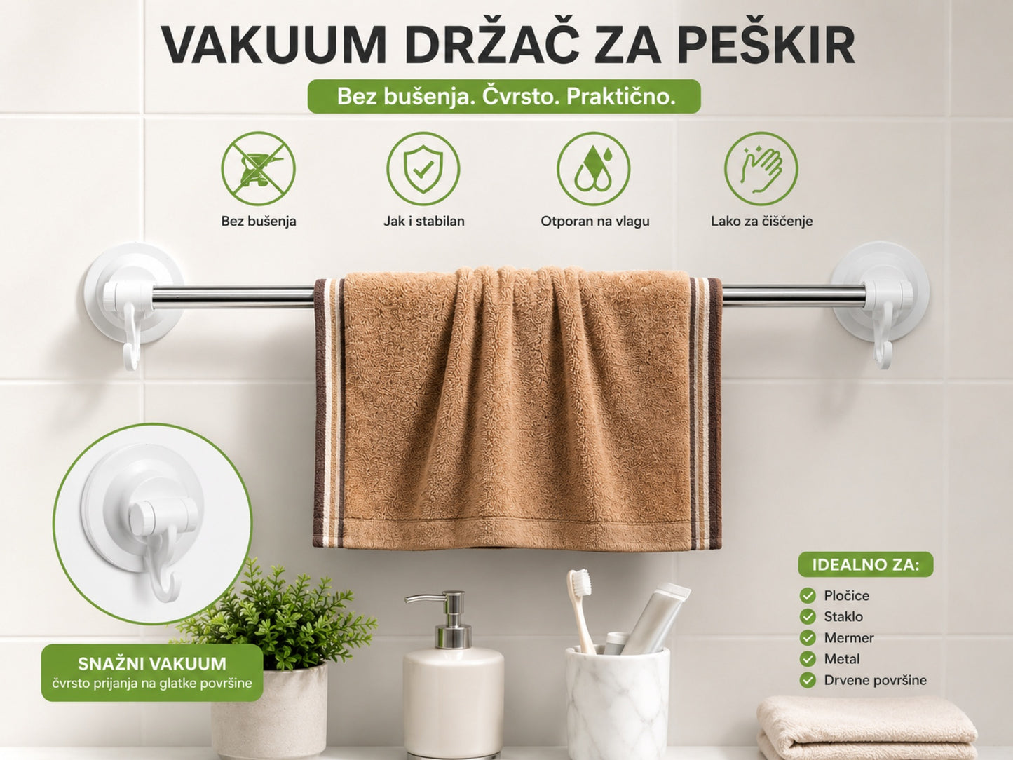 VAKUM DRŽAČ ZA PEŠKIR – BEZ BUŠENJA
