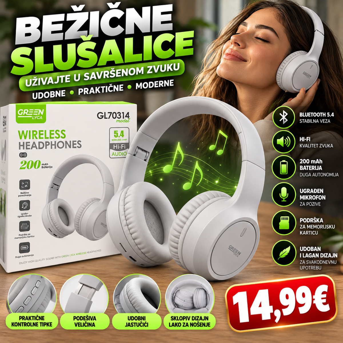 Bežične Bluetooth slušalice – Hi-Fi zvuk, mikrofon, Bluetooth 5.4