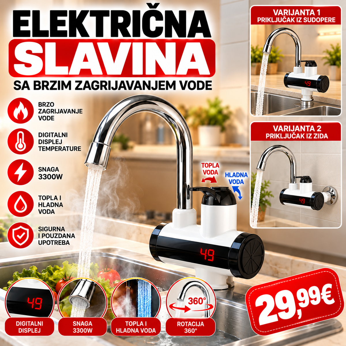 ELEKTRIČNA SLAVINA SA BRZIM ZAGRIJAVANJEM VODE – 3300W