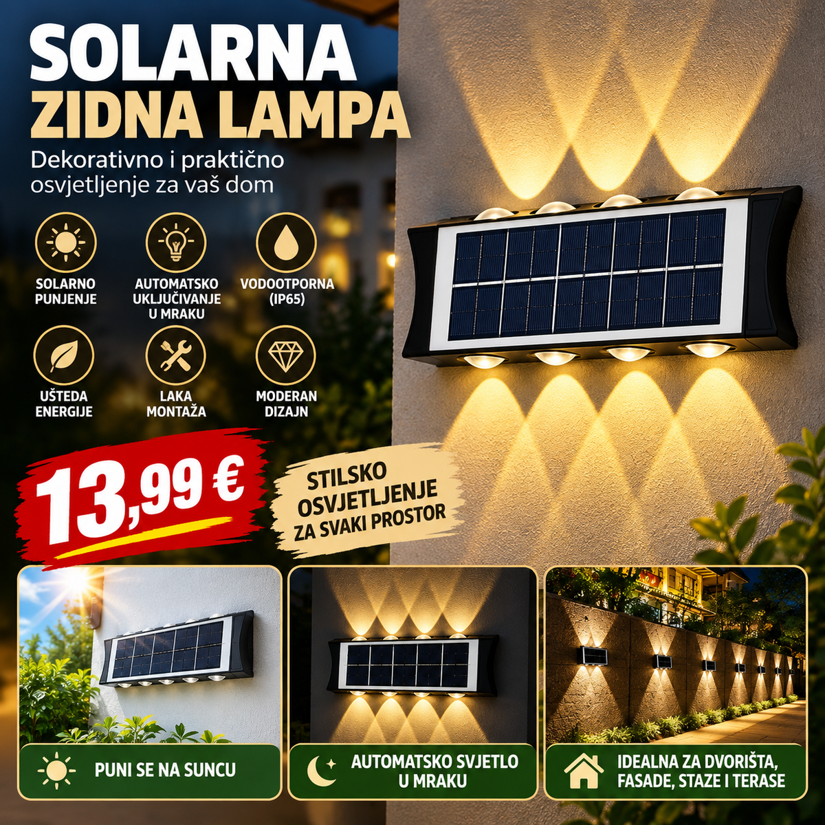 Solarna zidna lampa – LED osvjetljenje, automatsko uključivanje, IP65