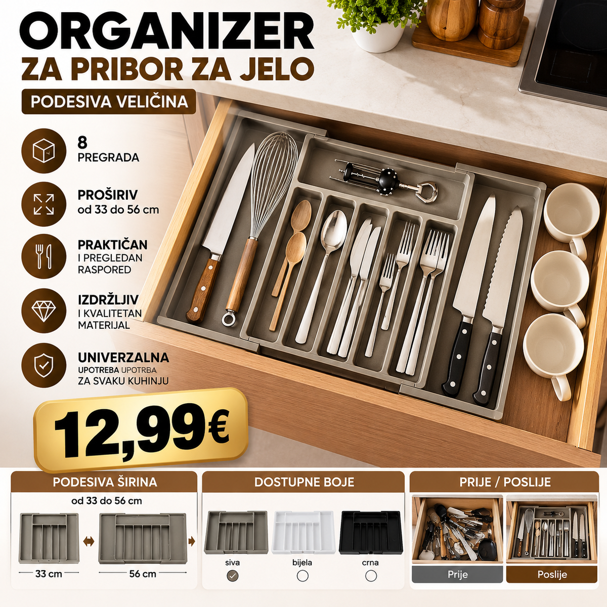 ORGANIZER ZA PRIBOR ZA JELO – PODESIVA ŠIRINA 33–56 CM