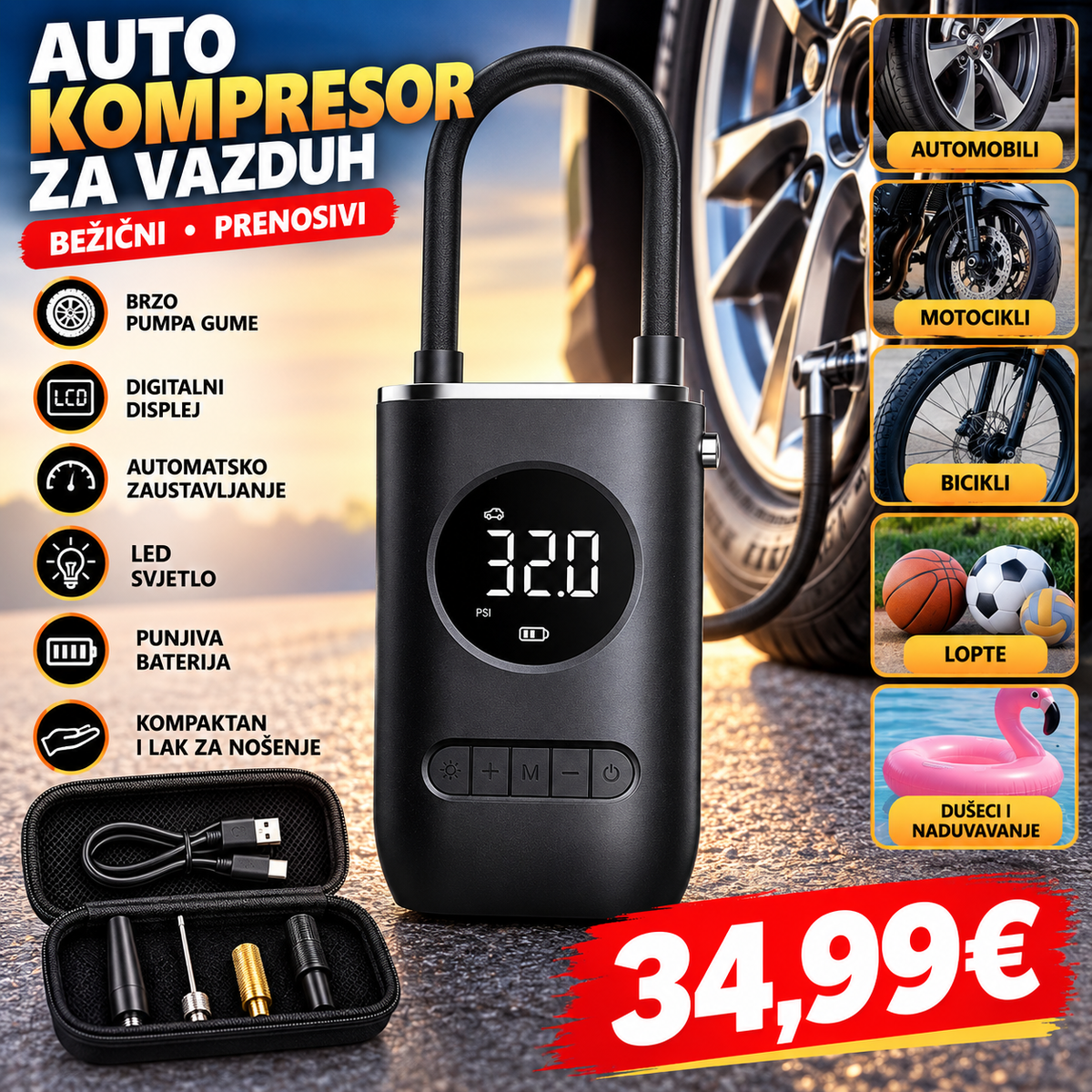 Bežični auto kompresor za vazduh – digitalni i prenosivi