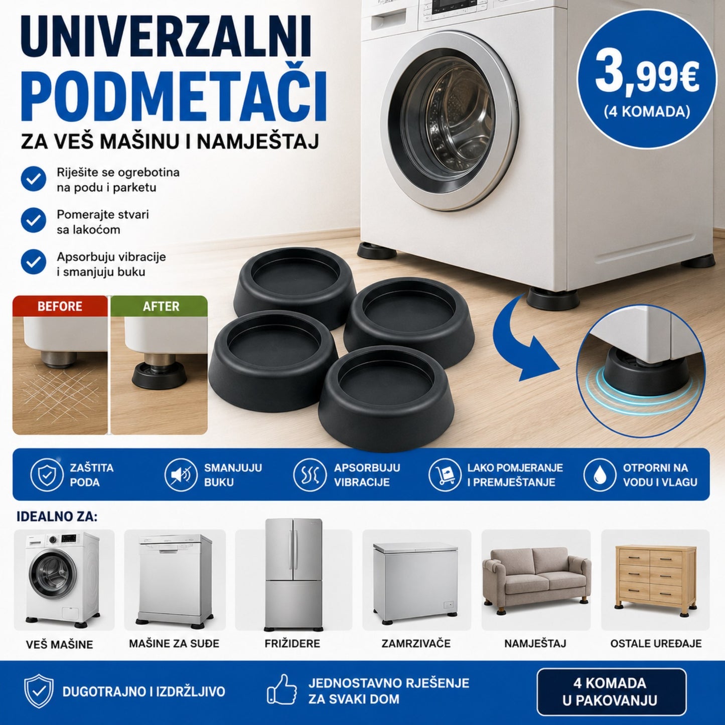 UNIVERZALNI PODMETAČI ZA VEŠ MAŠINU I NAMJEŠTAJ (4 KOMADA)