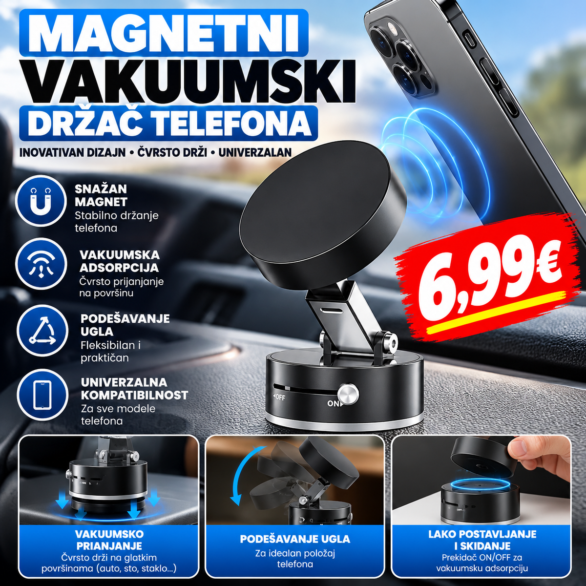 Magnetni vakuumski držač telefona – stabilnost i praktičnost