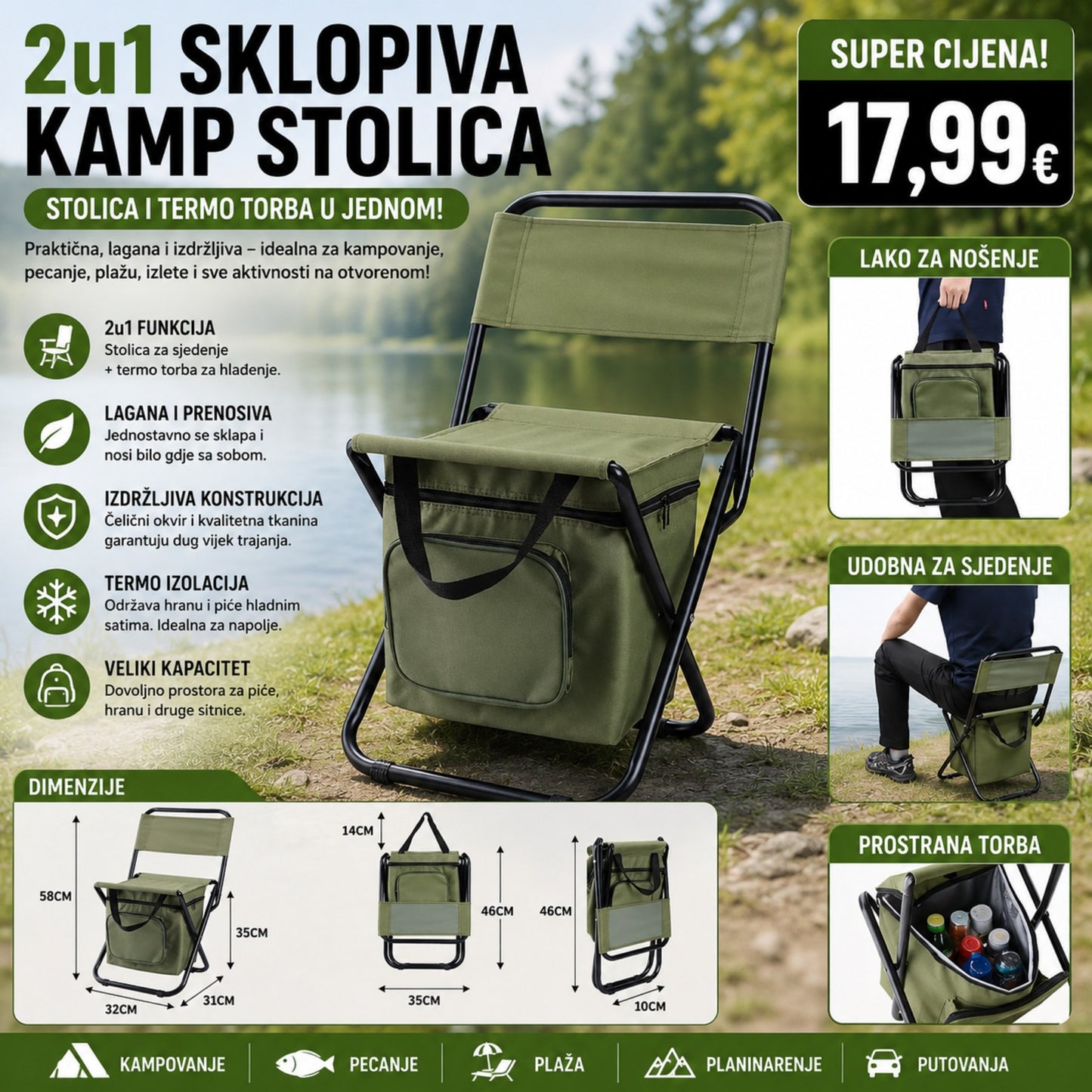 2u1 SKLOPIVA KAMP STOLICA SA TERMO TORBOM – SAVRŠEN SAPUTNIK ZA BORAVAK U PRIRODI