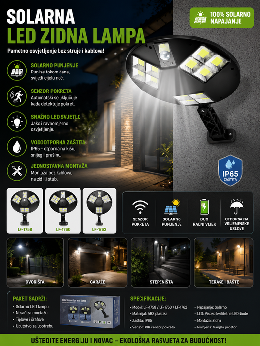 SOLARNA LED ZIDNA LAMPA – 3 STRANE OSVJETLJENJA | SENZOR POKRETA | IP65