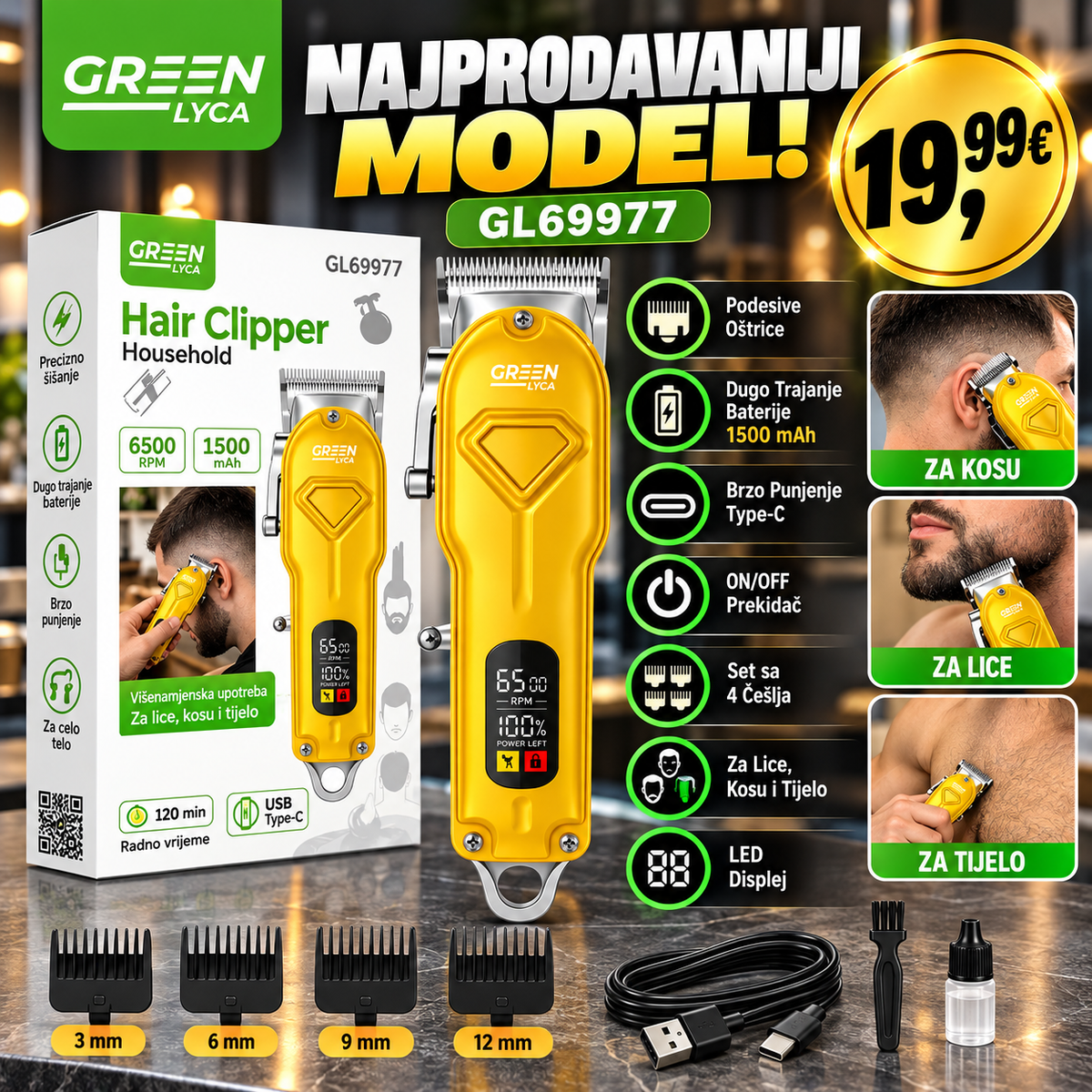 Mašinica za šišanje kose i brade GREEN LYCA GL69977 – Bežična, LED displej