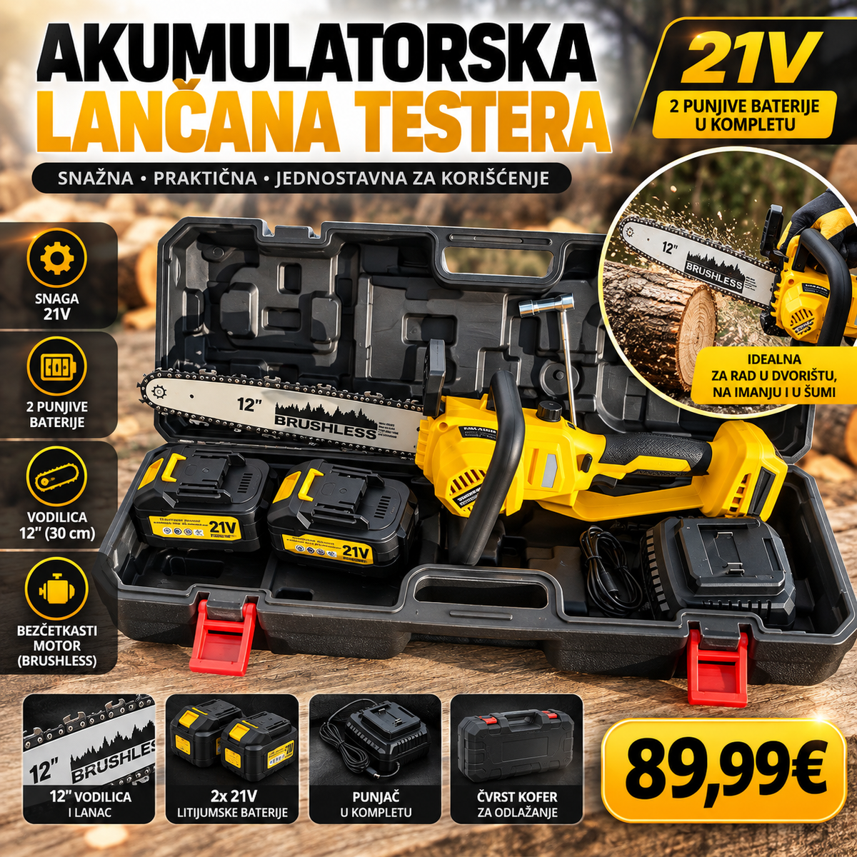 Akumulatorska lančana testera 21V – 12 inča (30 cm), 2 baterije i kofer