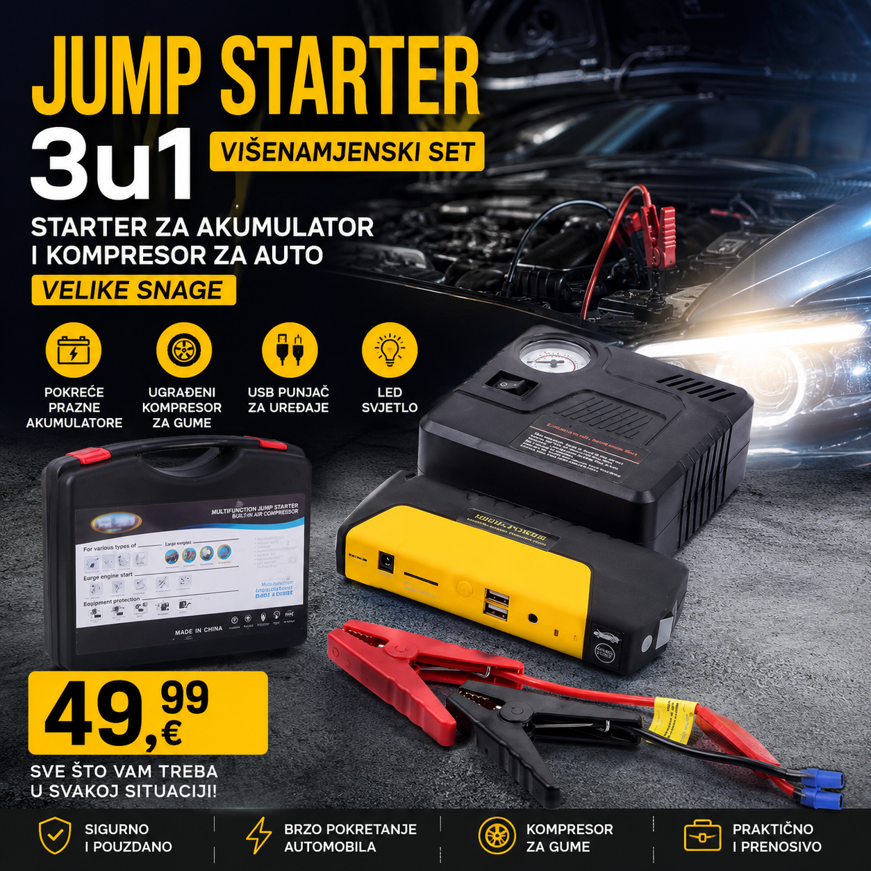 Jump Starter 3u1 višenamjenski set starter za akumulator i kompresor za auto velike snage