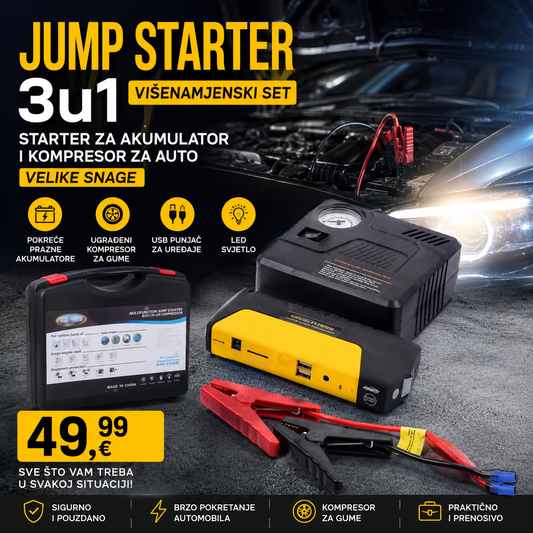 Jump Starter 3u1 višenamjenski set starter za akumulator i kompresor za auto velike snage