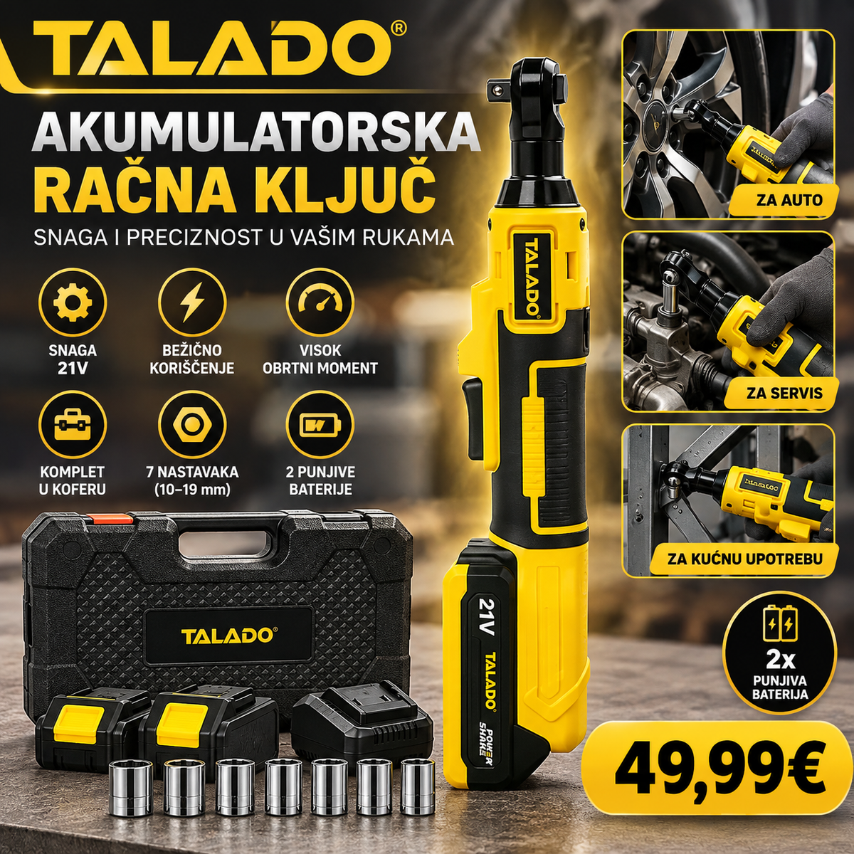 Akumulatorski račni ključ TALADO 21V – 7 nastavaka, 2 baterije i kofer