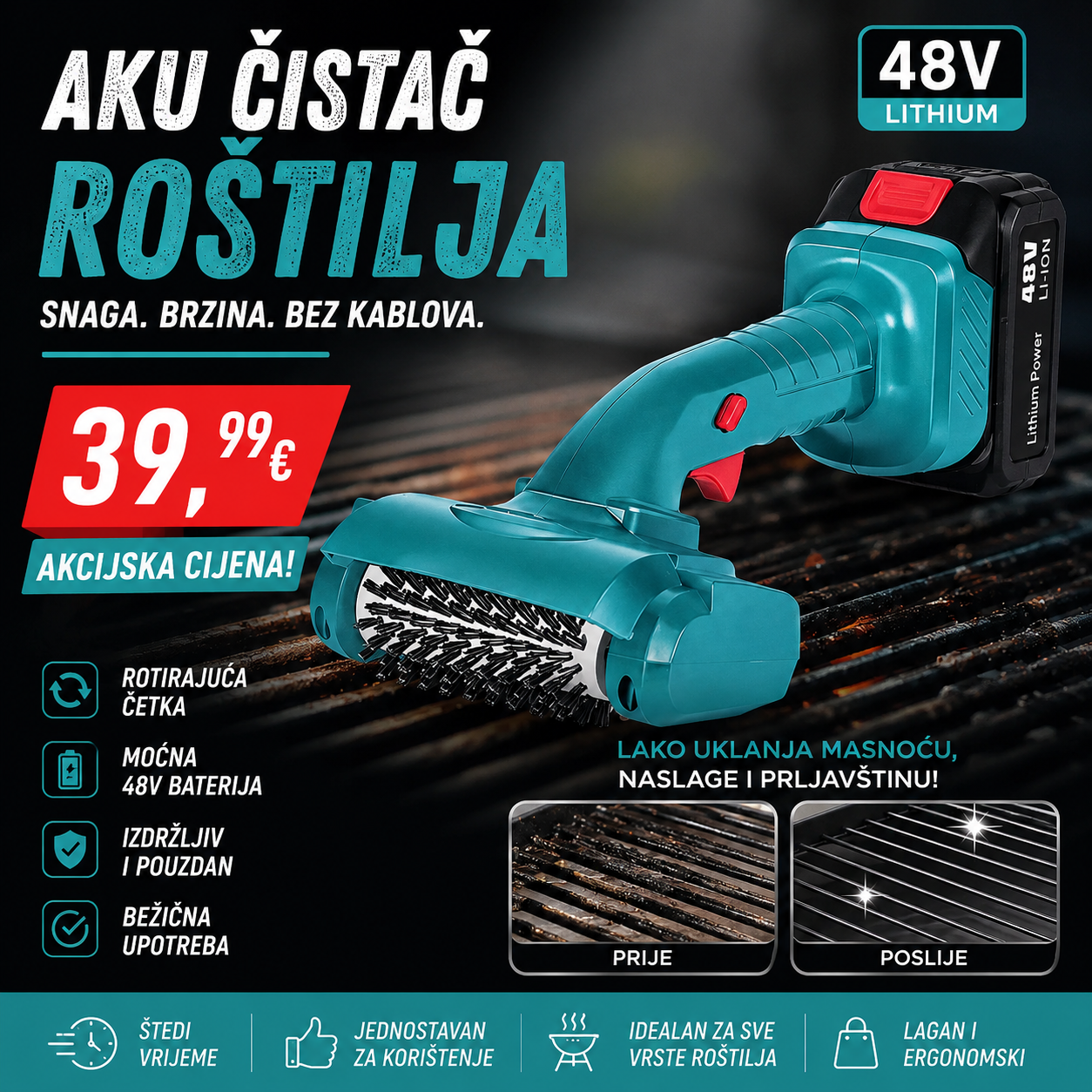 Aku čistač roštilja 48V – Brzo i efikasno čišćenje roštilja