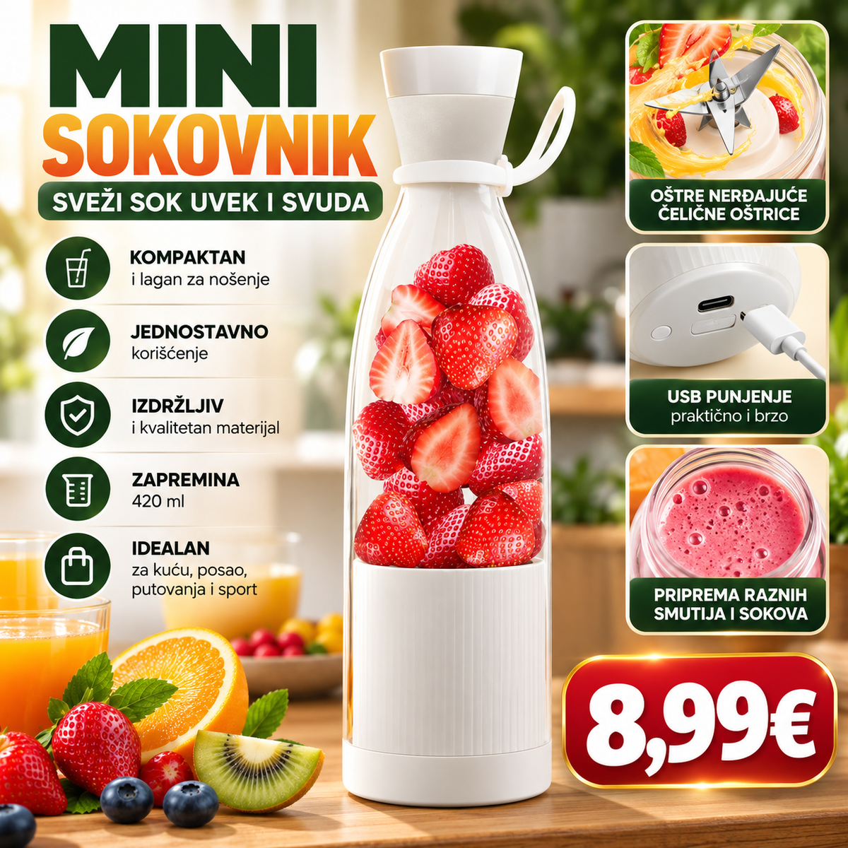 Mini prenosivi blender za smutije i sokove – USB punjenje, 420 ml