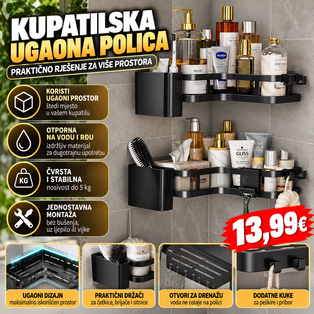 Kupatilska ugaona polica – praktična organizacija bez zauzimanja prostora