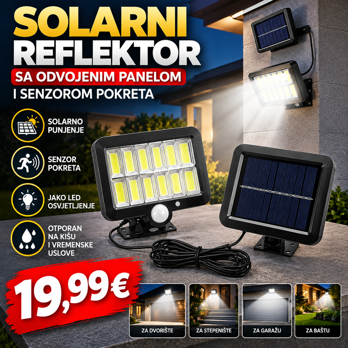 Solarni reflektor sa odvojenim panelom i senzorom pokreta