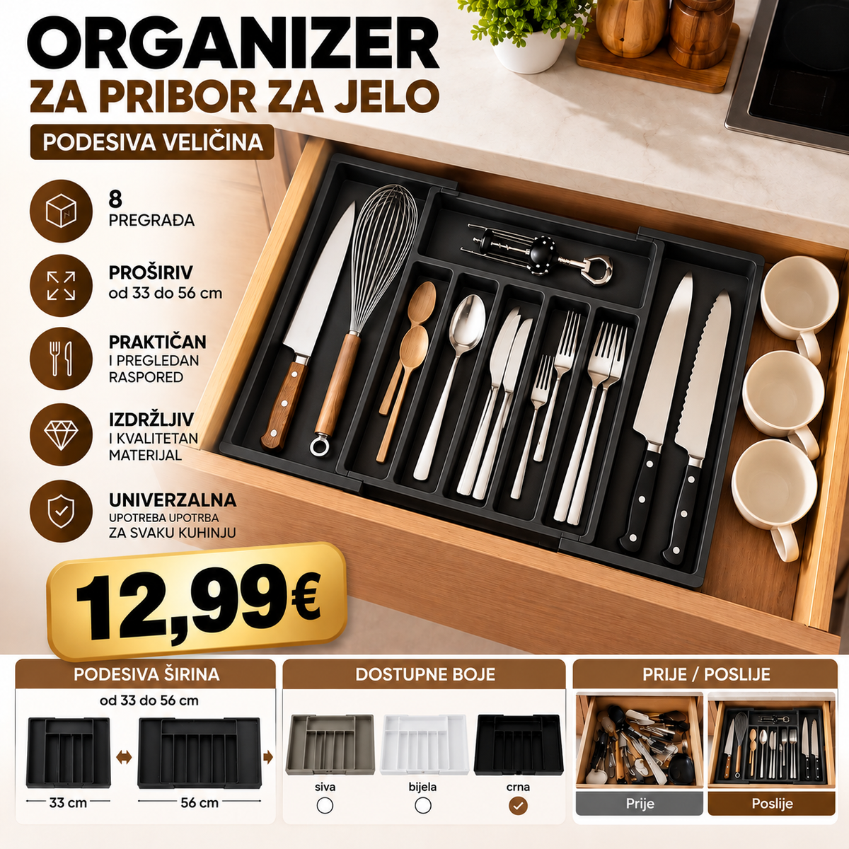 ORGANIZER ZA PRIBOR ZA JELO – PODESIVA ŠIRINA 33–56 CM