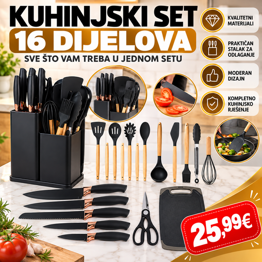 Kuhinjski set od 16 djelova – sa praktičnim stalkom