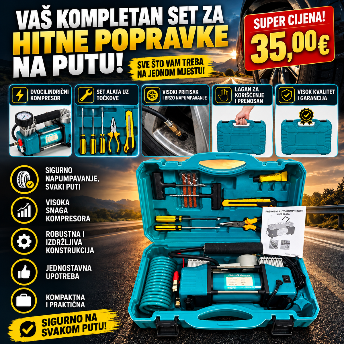 Auto kompresor za gume sa setom alata – Dvocilindrični, u koferu