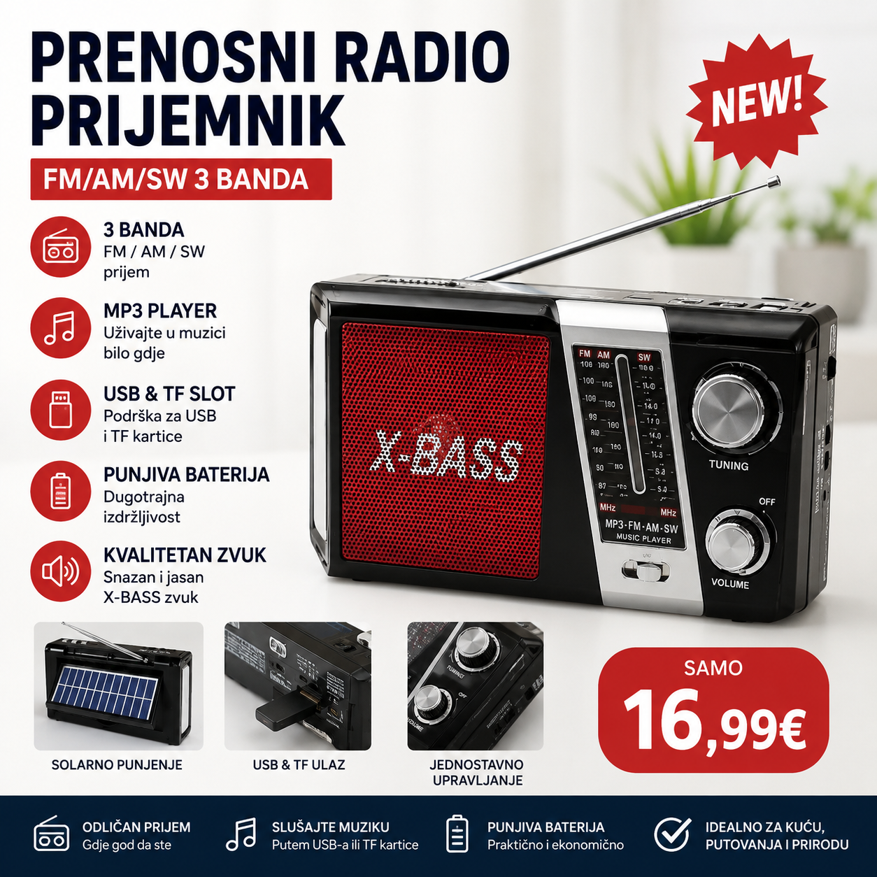 Prenosni radio prijemnik i bluetooh zvucnik FM/AM/SW – USB, TF i MP3 Player