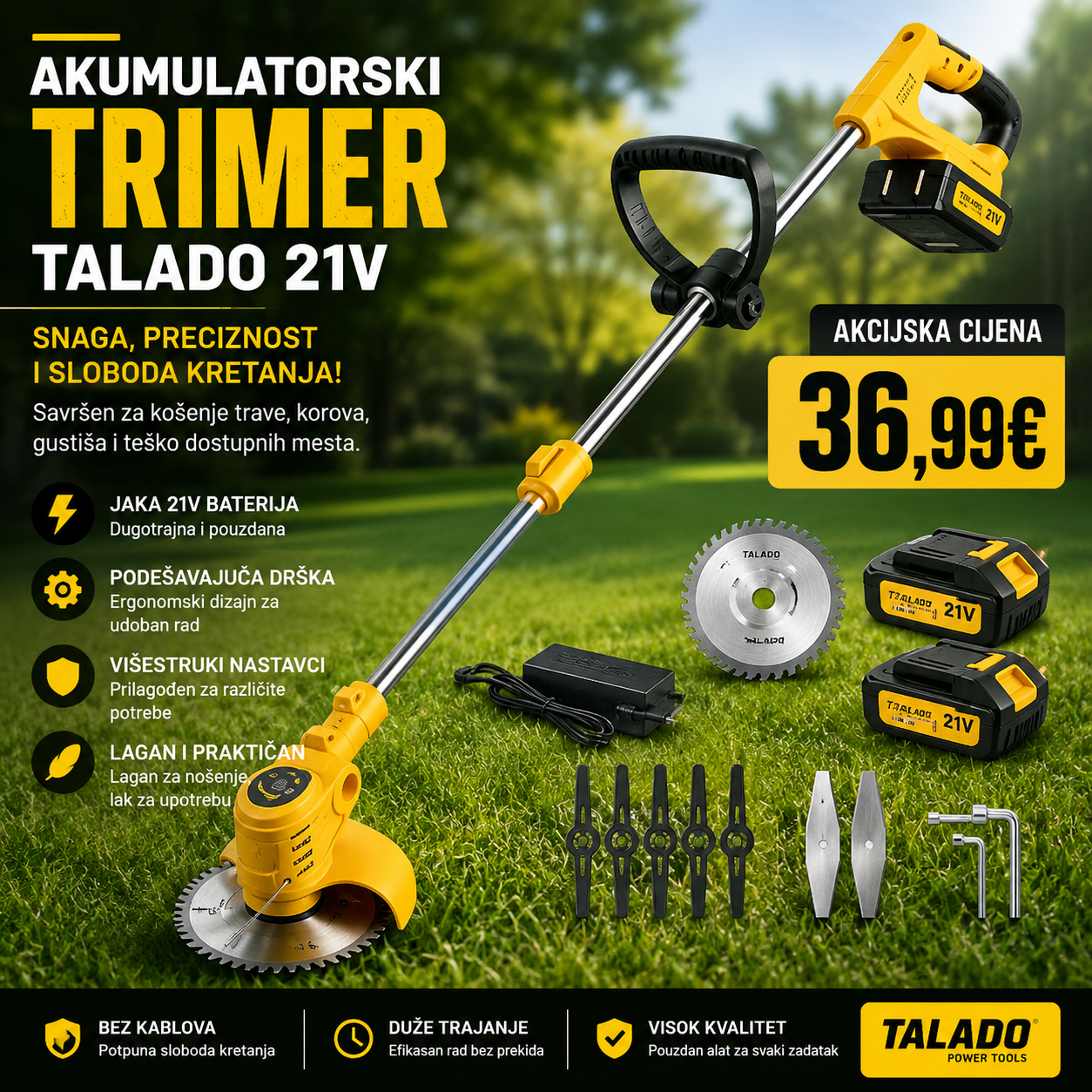Akumulatorski trimer 21V sa 2 baterije i setom nastavaka