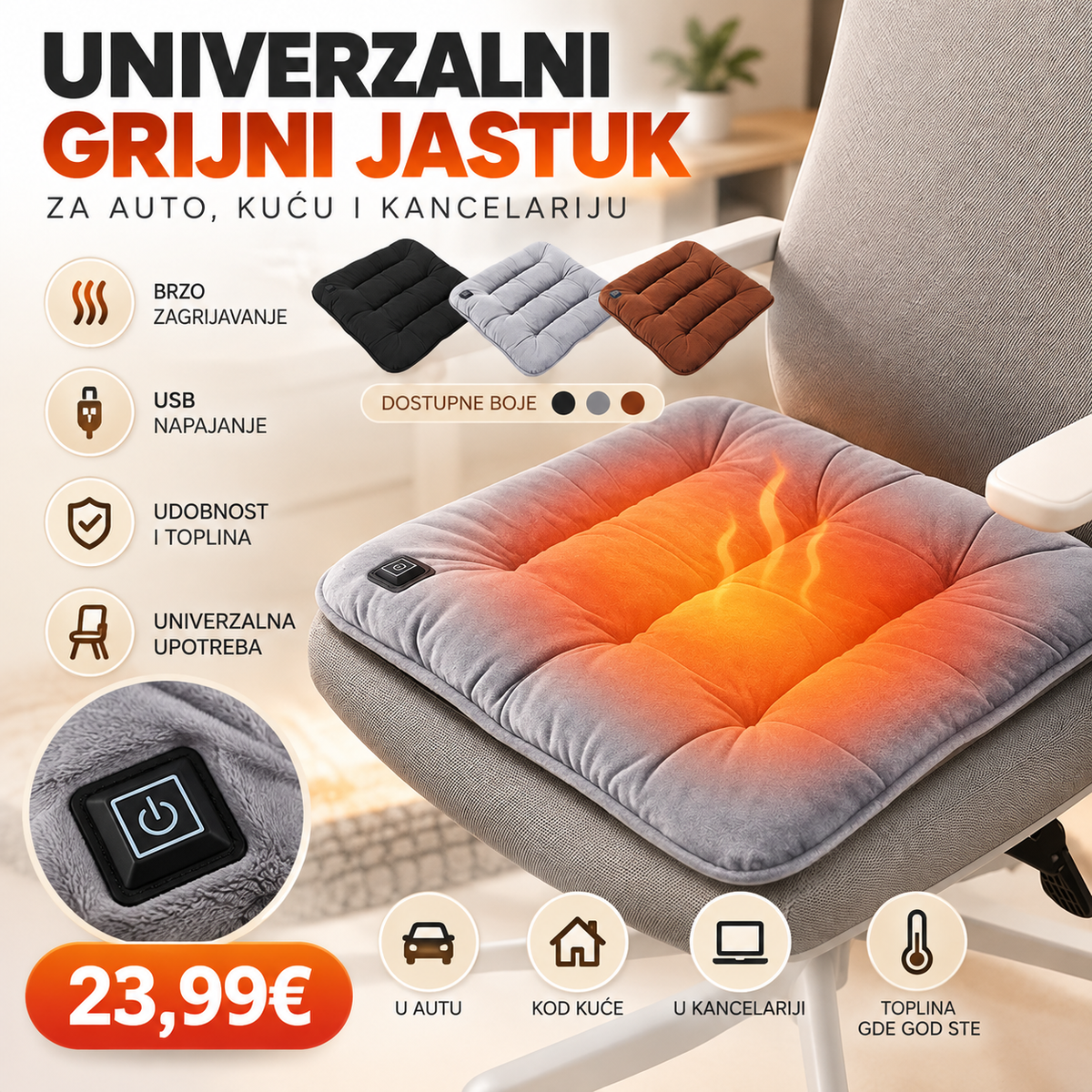 Grijni jastuk za sjedenje – USB napajanje, za auto, kuću i kancelariju