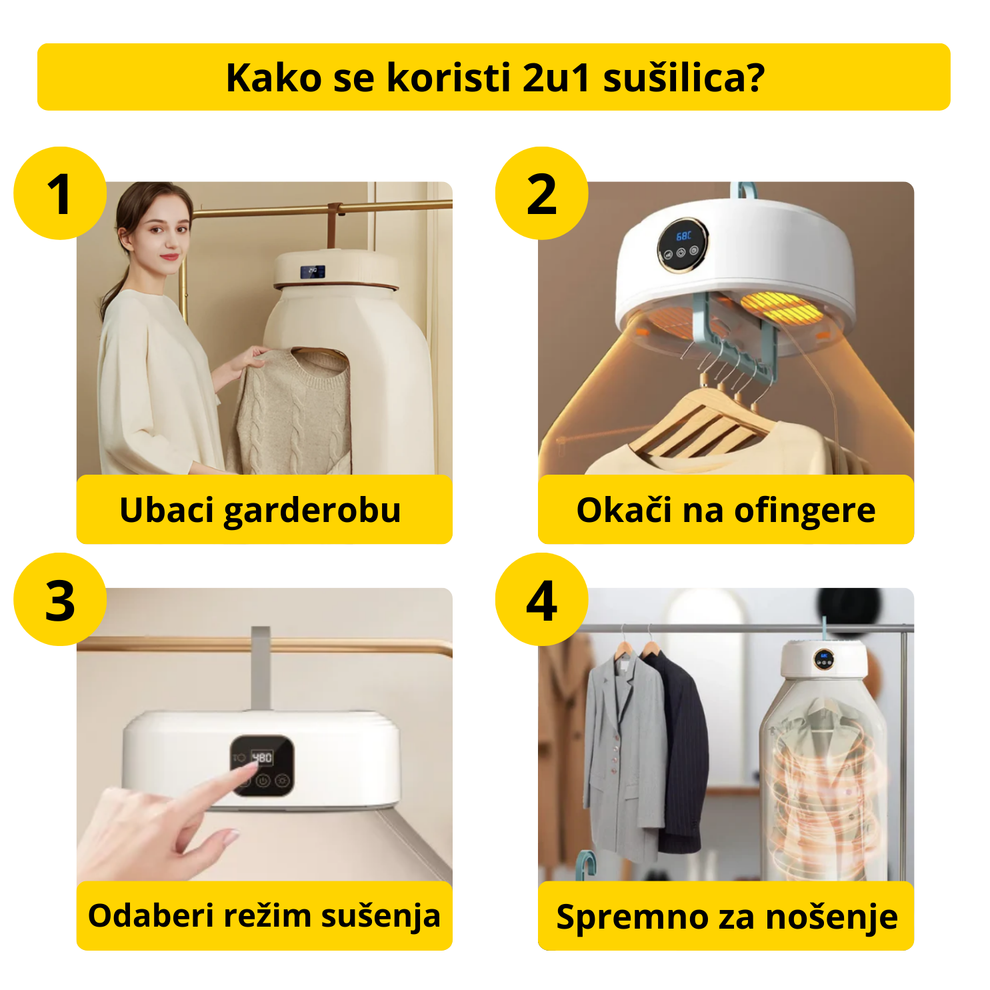 Prenosiva sušilica za veš 2u1 – Električna, sklopiva, sa digitalnim displejem