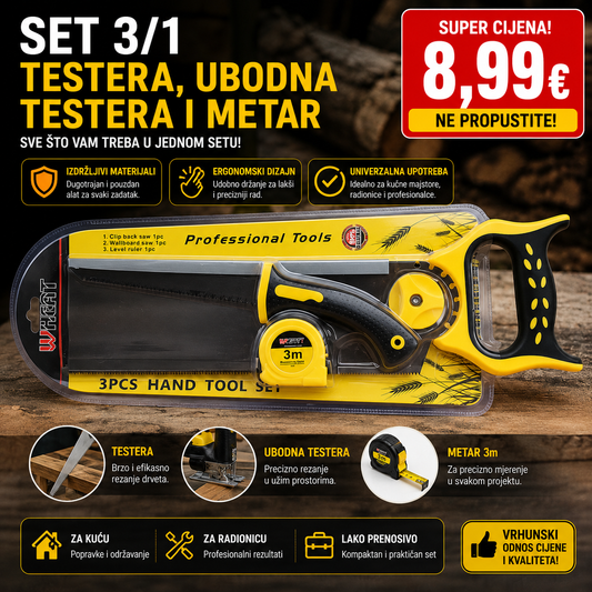 Set 3/1 testera, ubodna testera i metar (3m)