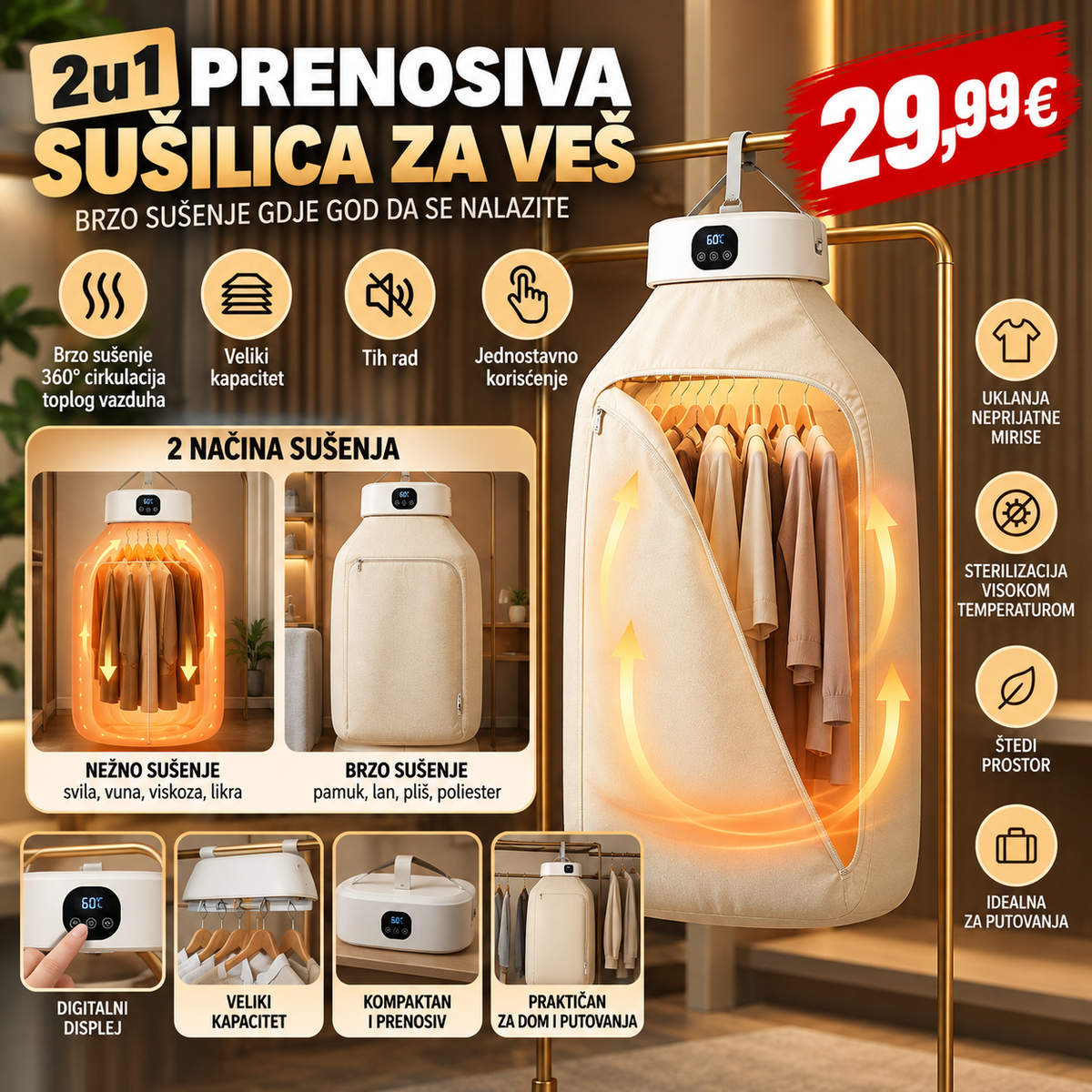 Prenosiva sušilica za veš 2u1 – Električna, sklopiva, sa digitalnim displejem