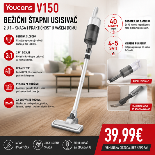 Bežični štapni usisivač YOUCANS V150 – 2 u 1