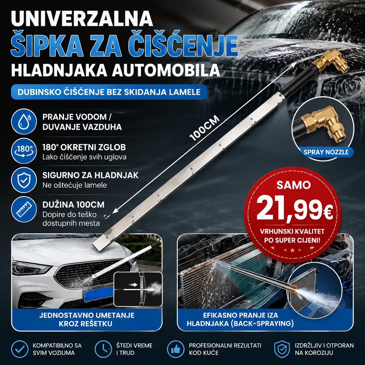 Univerzalna šipka za čišćenje hladnjaka automobila 100 cm – Pištolj za pranje i izduvavanje