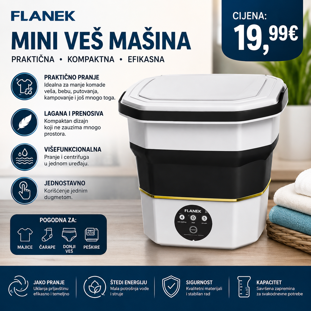 Mini Veš Mašina – Sklopiva i Prenosiva | Idealna za Putovanja, Studentske Domove i Dječiju Garderobu