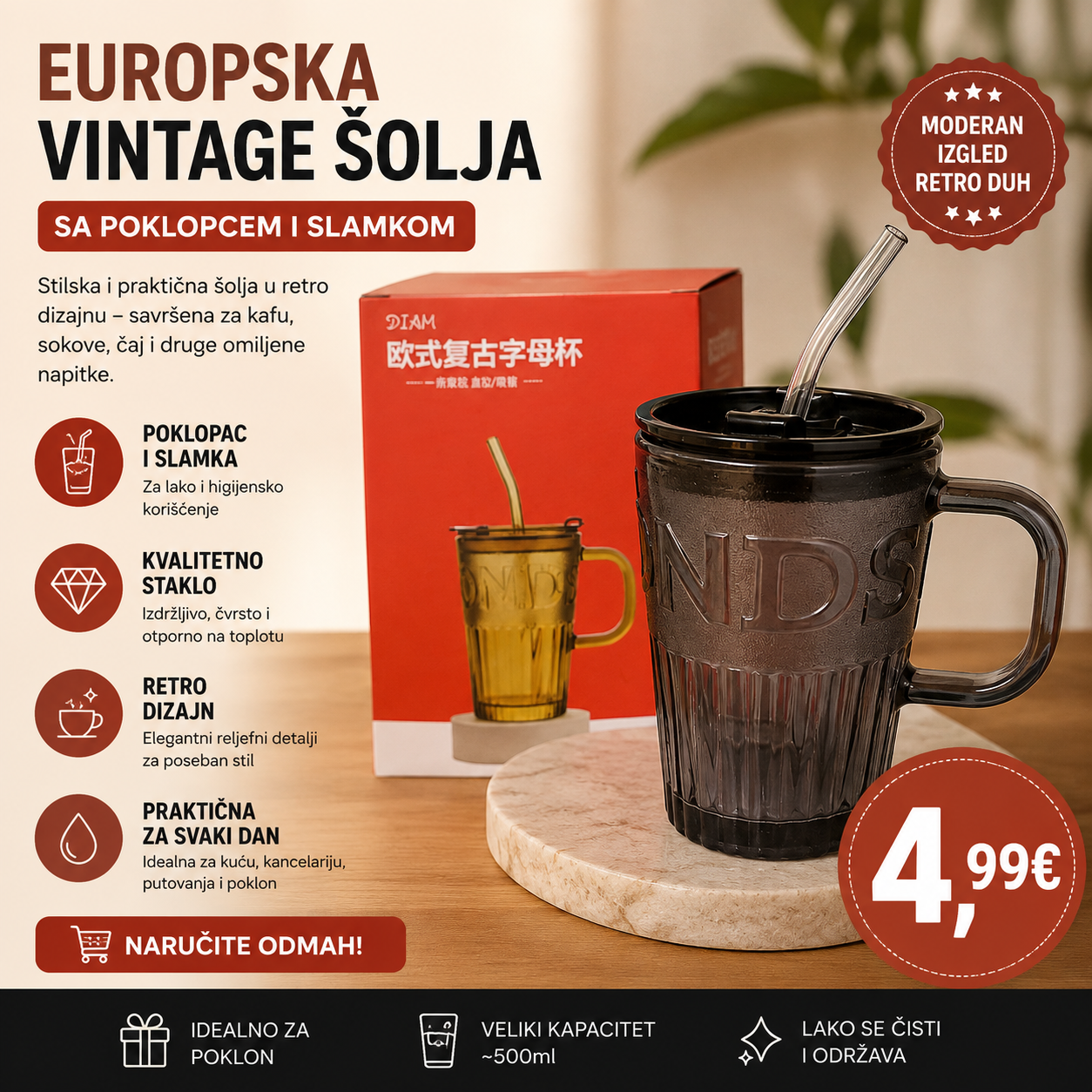 Retro staklena šolja sa poklopcem i staklenom slamkom