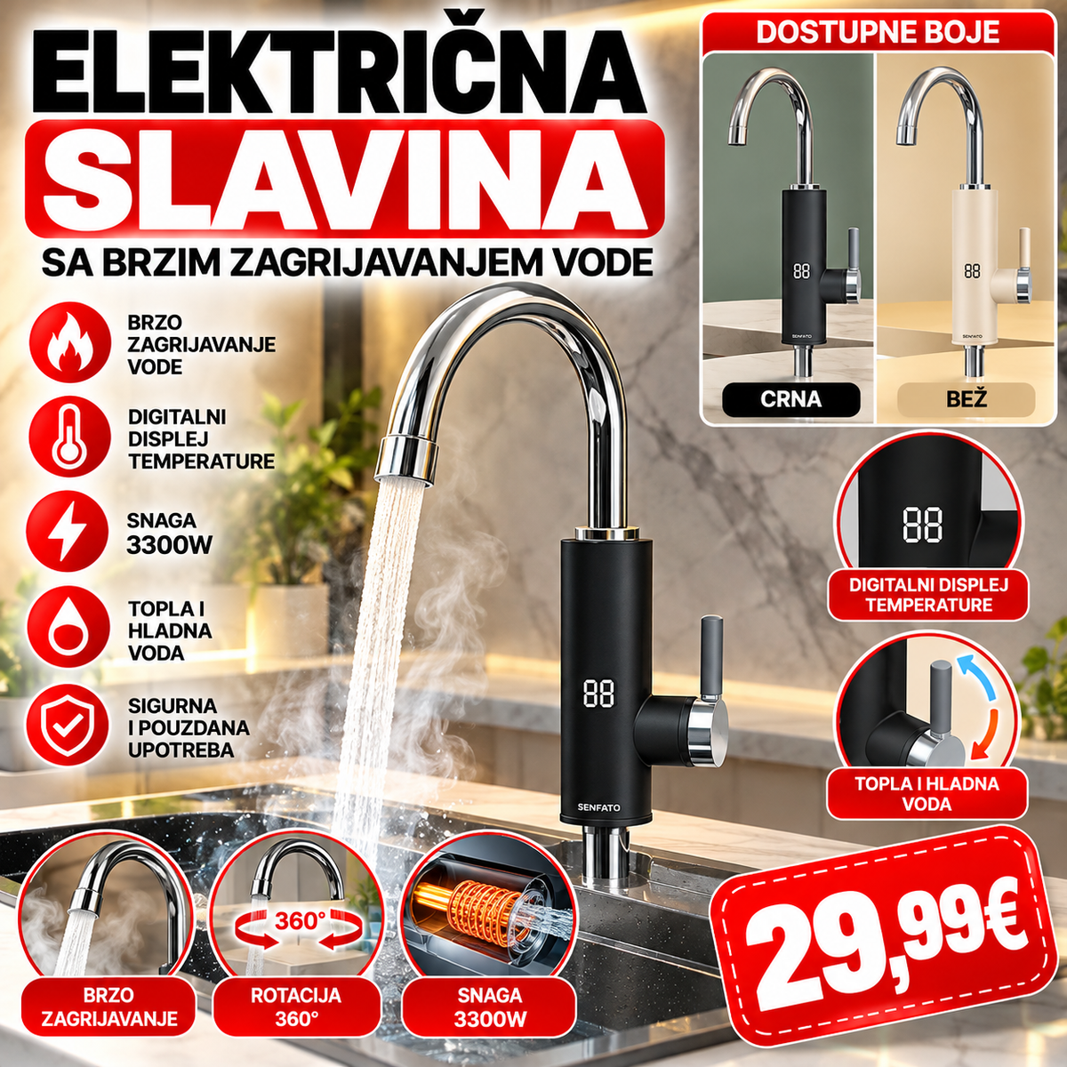 ELEKTRIČNA SLAVINA SA BRZIM ZAGRIJAVANJEM VODE – DIGITALNI DISPLEJ