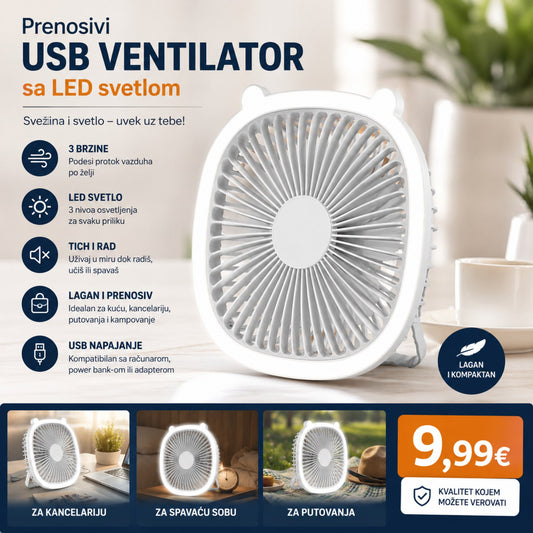 Prenosivi USB Ventilator sa LED Svetlom – Kompaktan, Snažan i Sladak