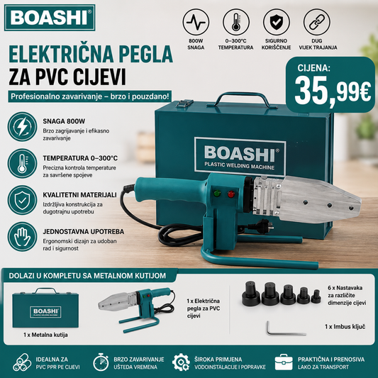 BOASHI Električna Pegla za PVC Cijevi 800W – Profesionalni Set sa Metalnom Kutijom
