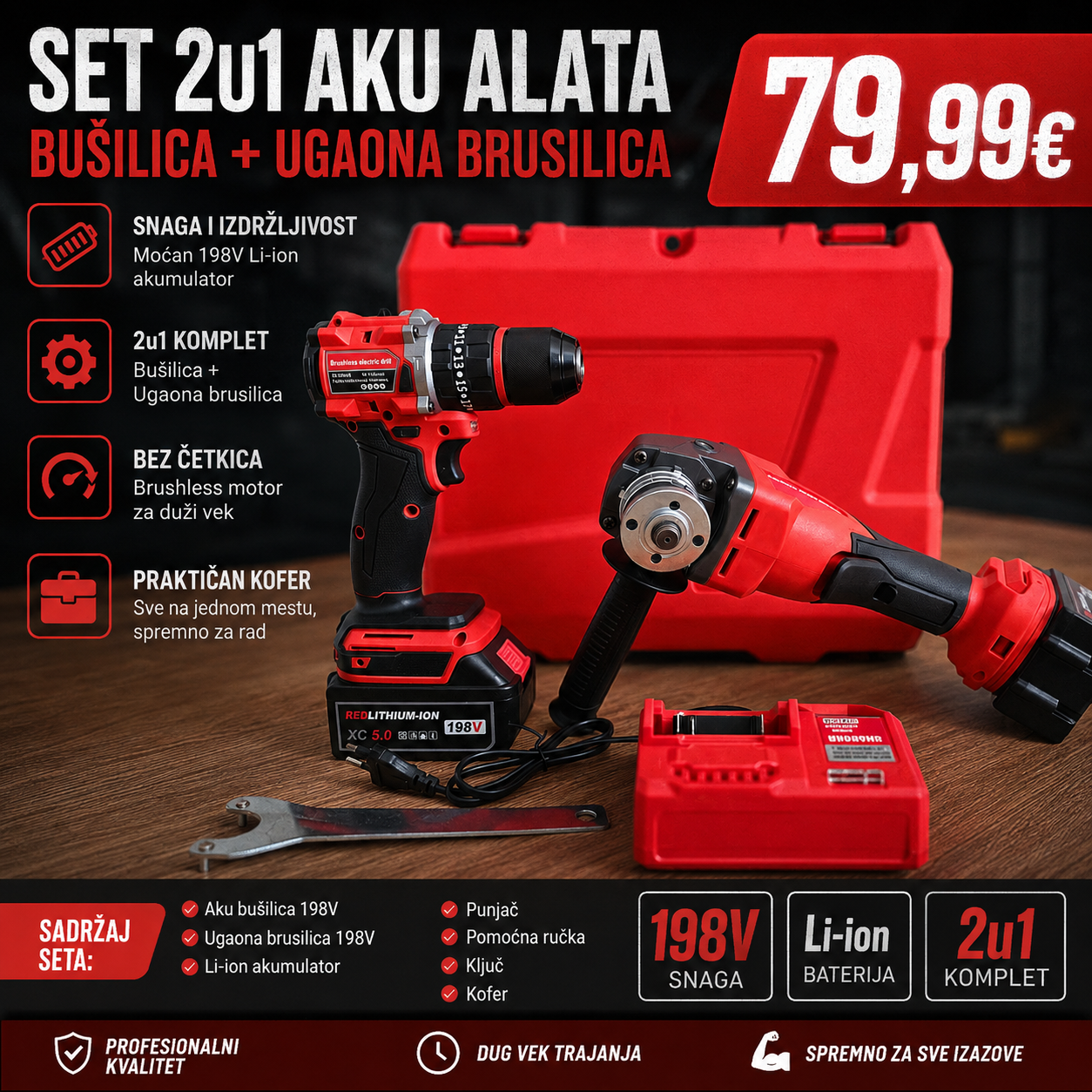 Set 2u1 Aku Alata – Bušilica + Ugaona Brusilica