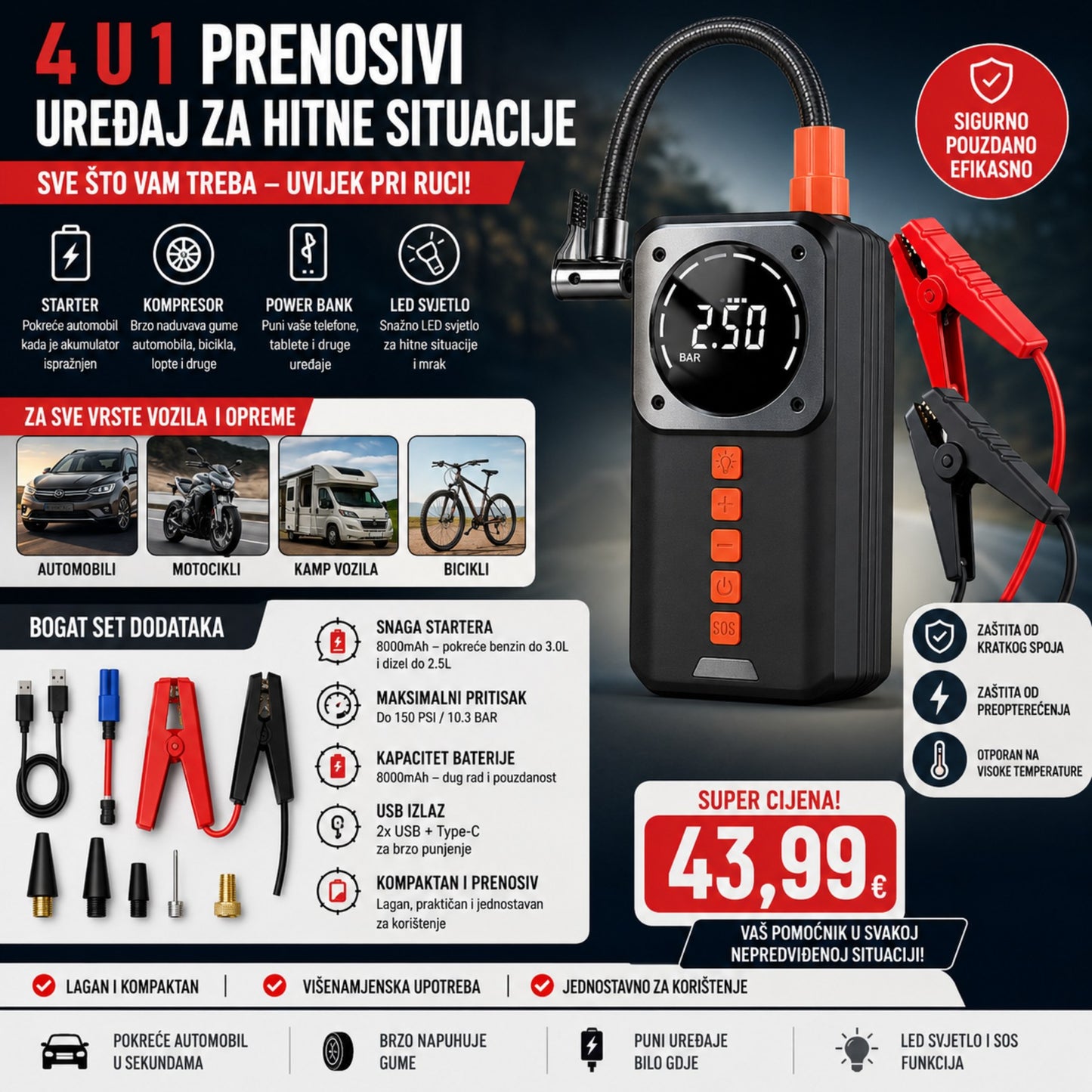 4u1 Prenosivi Starter i Kompresor