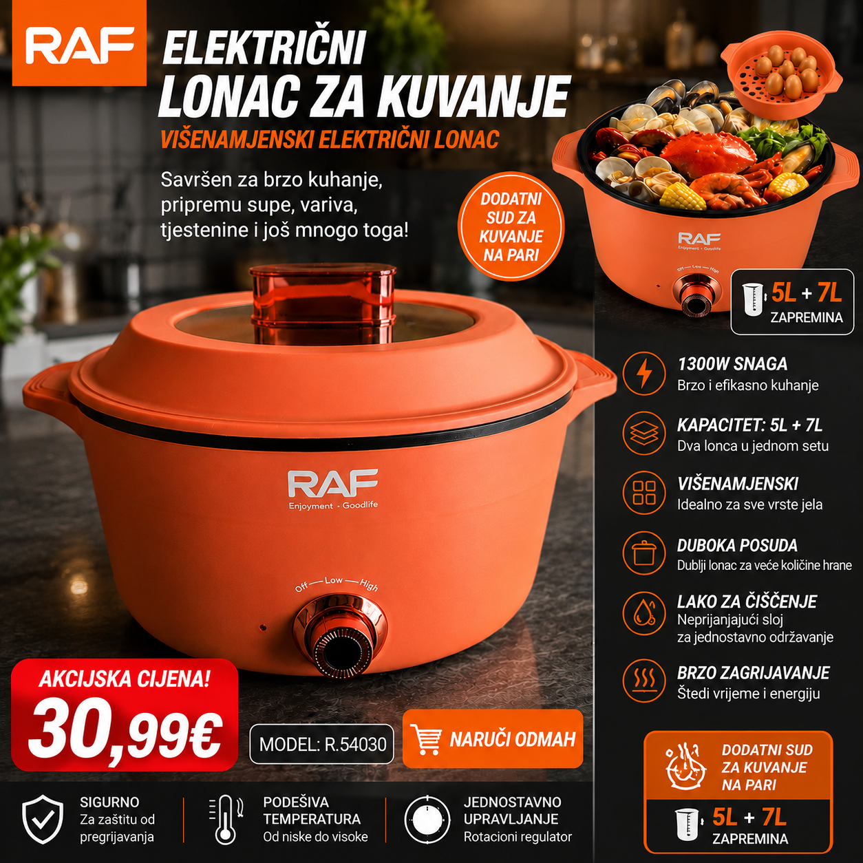 RAF VIŠENAMJENSKI ELEKTRIČNI LONAC ZA KUVANJE 1300W – 5L + 7L