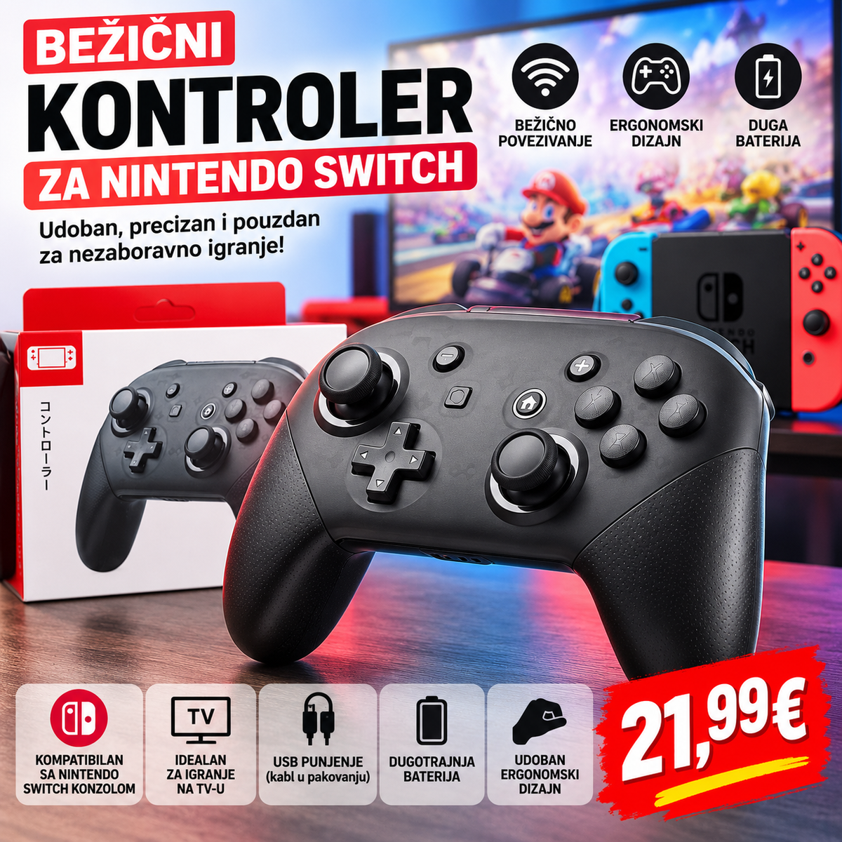 Bežični kontroler za Nintendo Switch – ergonomski dizajn