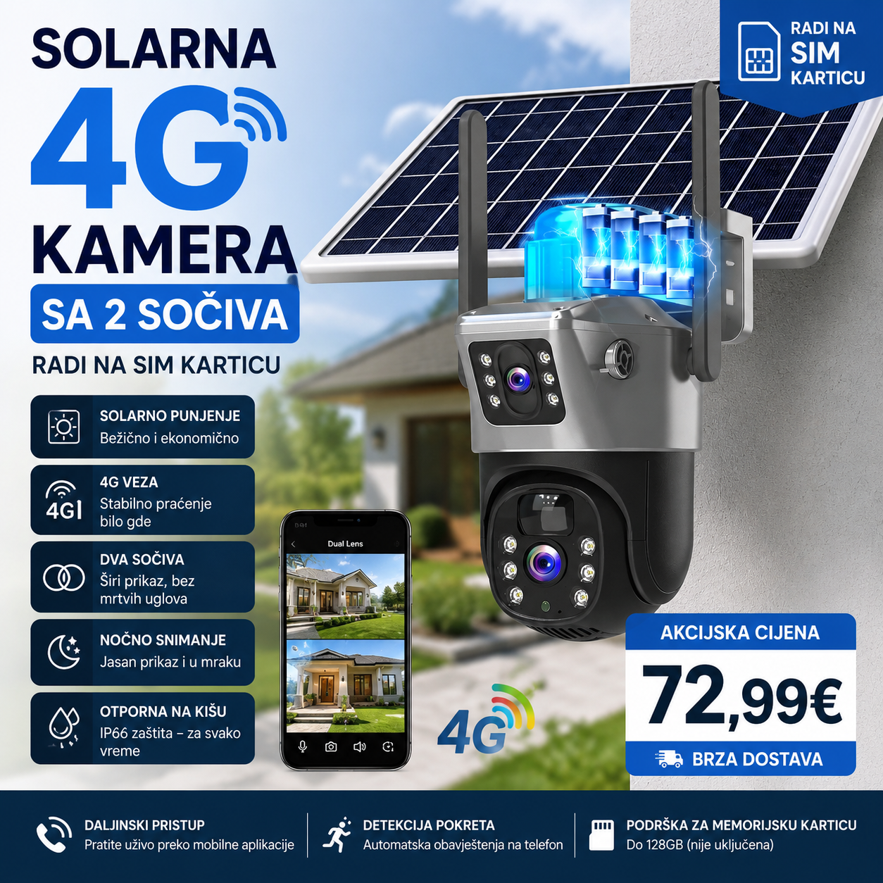 Solarna 4G kamera sa 2 sočiva – Radi na SIM karticu