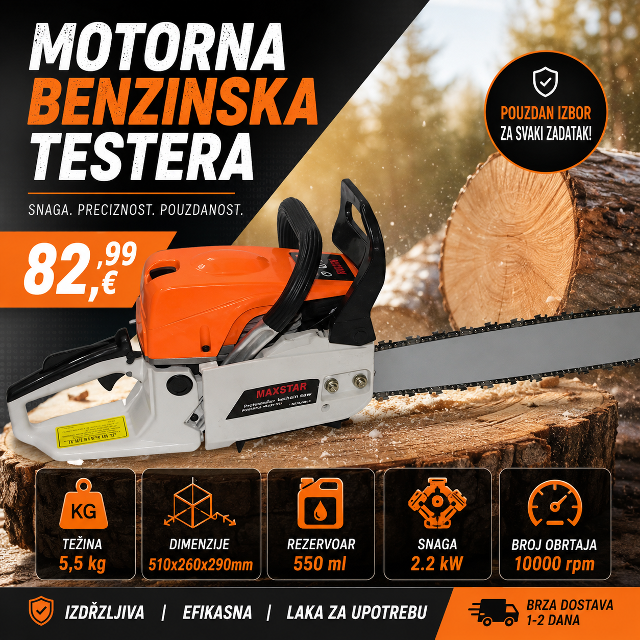 Motorna benzinska testera – 2.2 kW | 10.000 rpm | 5,5 kg