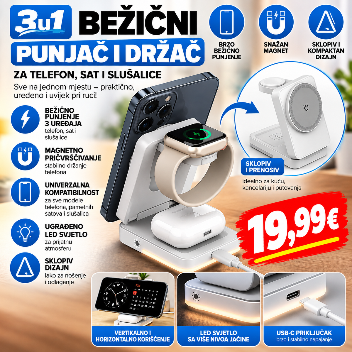 3 u 1 bežični punjač i držač – telefon, sat i slušalice