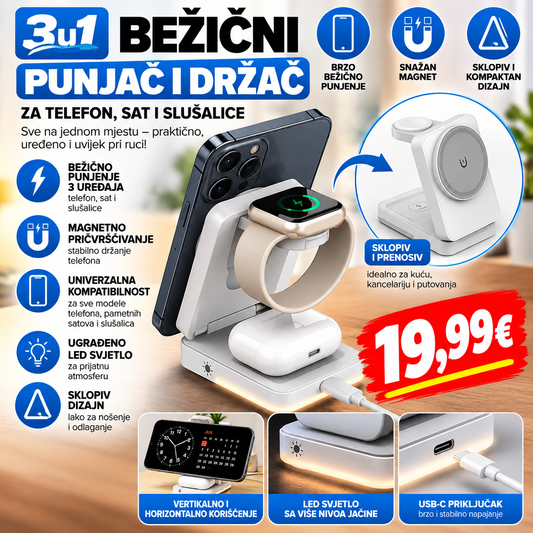 3 u 1 bežični punjač i držač – telefon, sat i slušalice