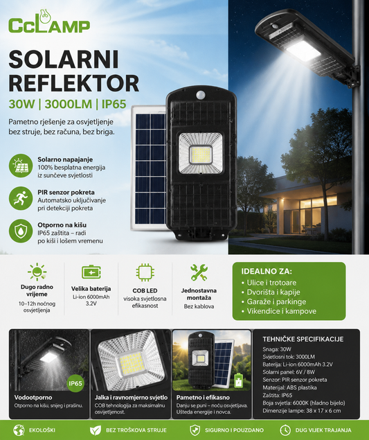 SOLARNI LED REFLEKTOR 30W – Senzor pokreta | IP65 | Bez kablova