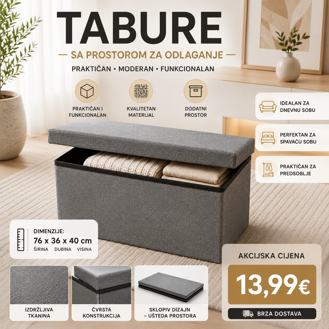 Tabure sa prostorom za odlaganje 76×36×40 cm – Sklopiva klupa za odlaganje