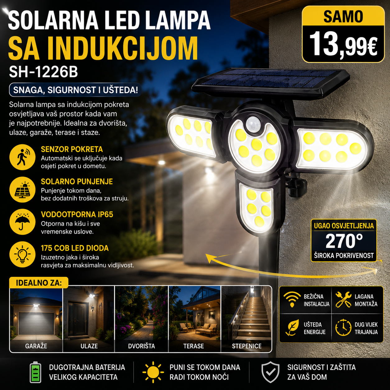 Solarna LED lampa sa senzorom pokreta – 175 COB