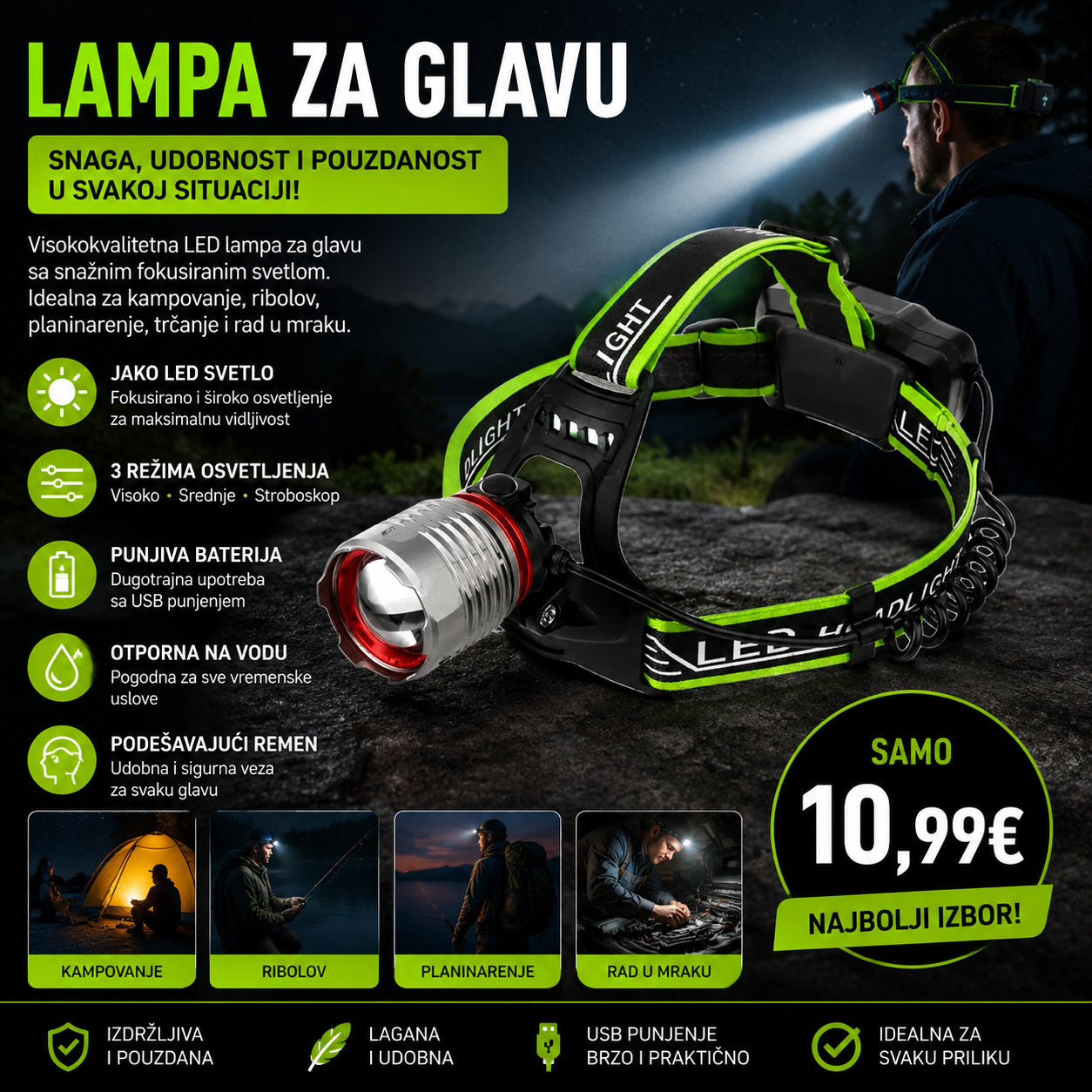 LED lampa za glavu – Punjiva, snažno osvjetljenje