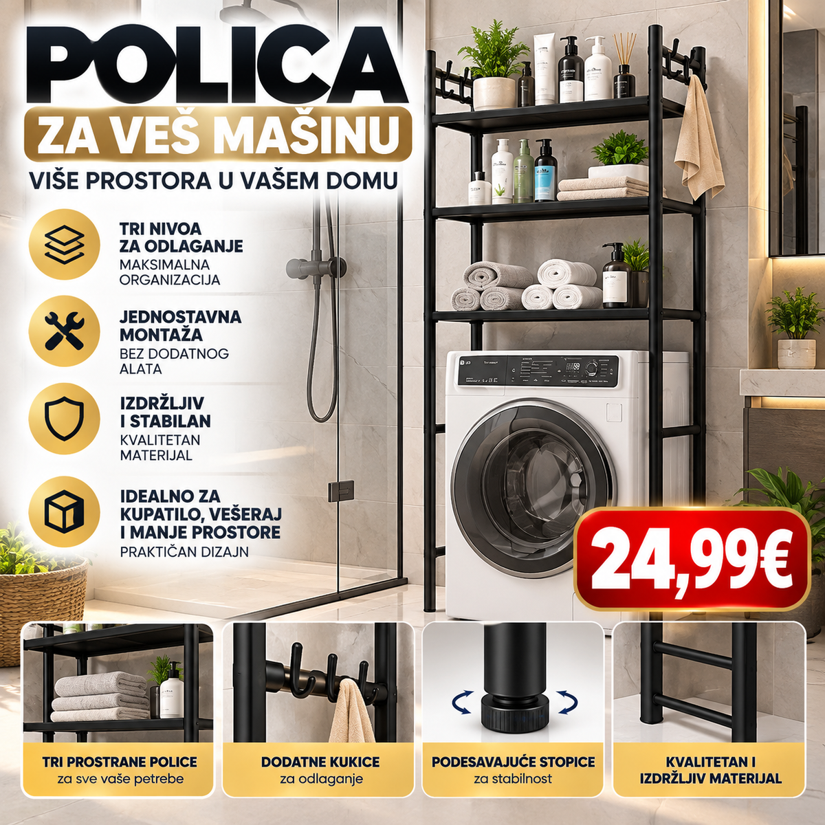 Polica za veš mašinu – 3 nivoa, dodatne kukice