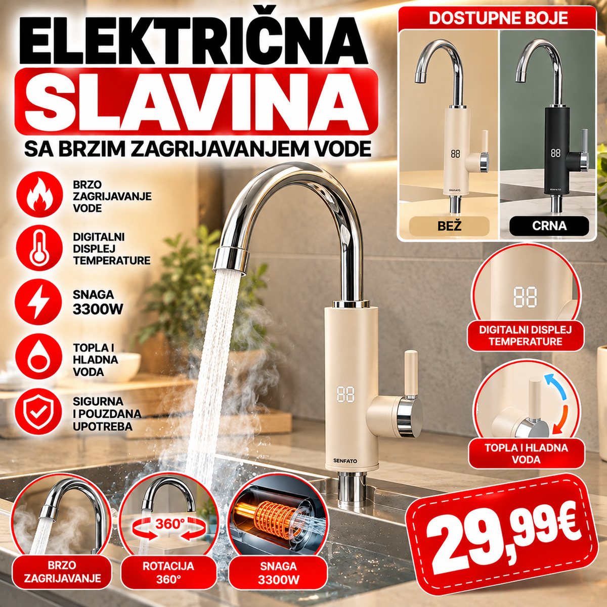 ELEKTRIČNA SLAVINA SA BRZIM ZAGRIJAVANJEM VODE – DIGITALNI DISPLEJ